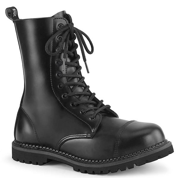 Demonia Men's Riot-10 Mid Calf Combat Boots - Black Leather D4986-72US Clearance